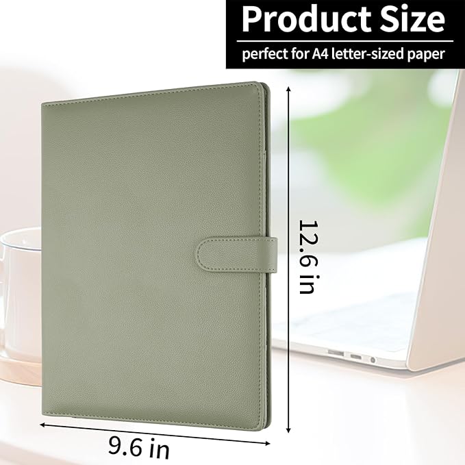 Professional Padfolio with Clipboard, Faux Leather Portfolio Folder Binder, Legal Pad Holder for A4 Letter Size Notepad, Resume, Writing, Ideal Organizer for Business Office Conference (Sage Green)