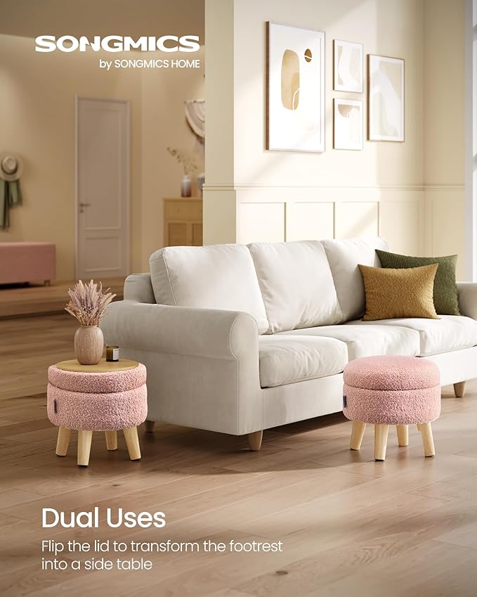 SONGMICS Storage Ottoman, Foot Stool, Round Ottoman with Padded Seat, Foot Rest with Wood Legs, Small Table, for Hallway, Living Room, 12.2 Inches, Teddy Fleece, Jelly Pink ULOM515SA01
