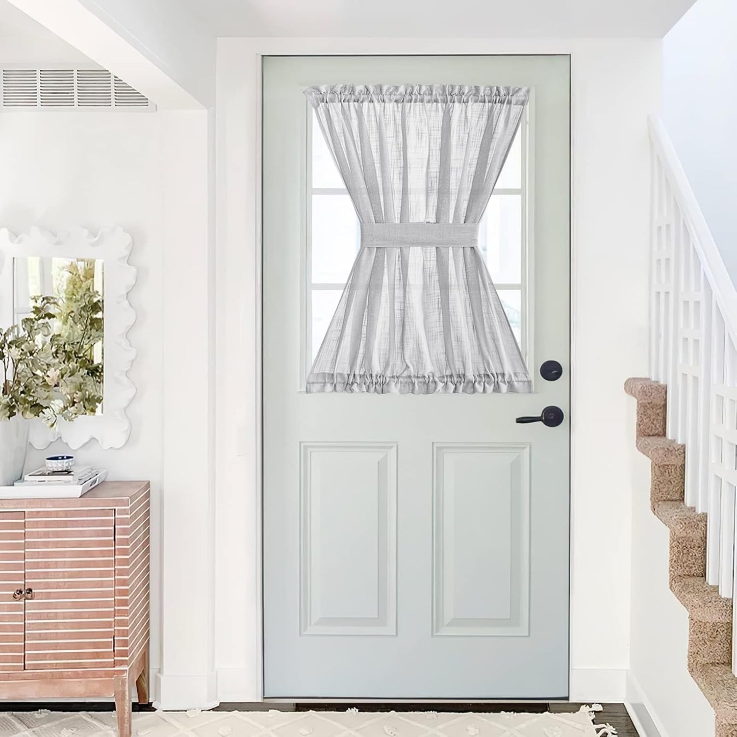 NICETOWN Door Curtain 40 inches Long - Linen Textured French Door Curtain, Semitransparent Sheer Panel 40 inches Length (1 Panel, Light Grey, with Single Tieback)