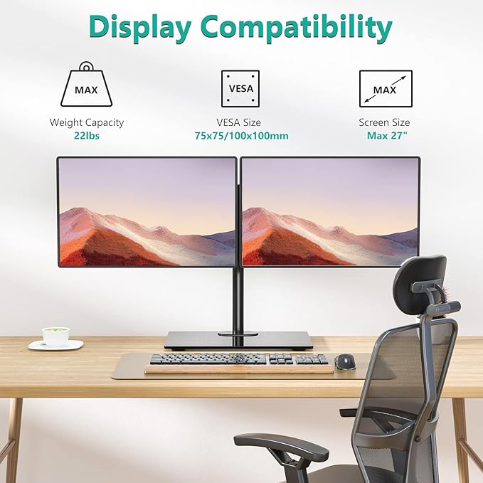 WALI Free Standing Dual Monitor Stand, Height Adjustable Monitor Mount with Glass Base, Fits LCD LED Flat Curved Screen up to 27 inch, 22lbs, with Grommet Base (GMF002)