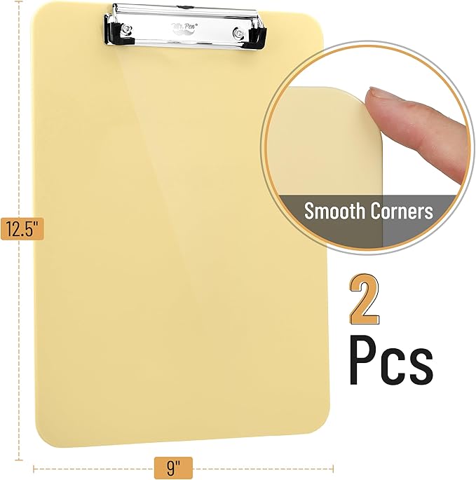 Mr. Pen- Plastic Clipboard, 12.5" x 9", 2 Pack, Buttercream Clipboard Plastic, Low-Profile Metal Clip with Retractable Hanging Hole
