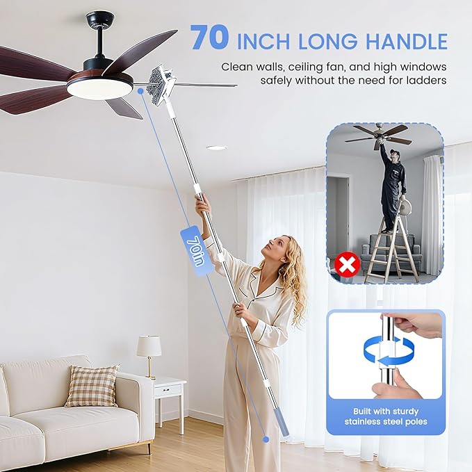 Ceiling Fan Cleaner Duster with 80'' Extendable Long Handle Pole - Microfiber Chenille Pads for Blades, Baseboards, Walls, Floors, Blinds & Cobwebs - Reusable & Washable