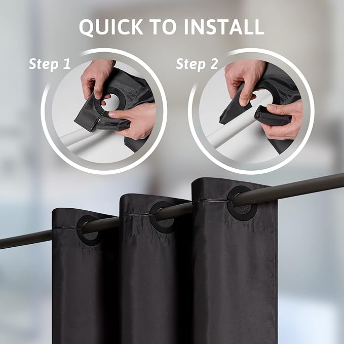 Furlinic Black Stall No Hook Shower Curtain,Heavy Duty Fabric Bathroom Curtain with 6 Plastic Built-in Hooks,Washable & Waterproof,Small Narrow,48x72 Inch