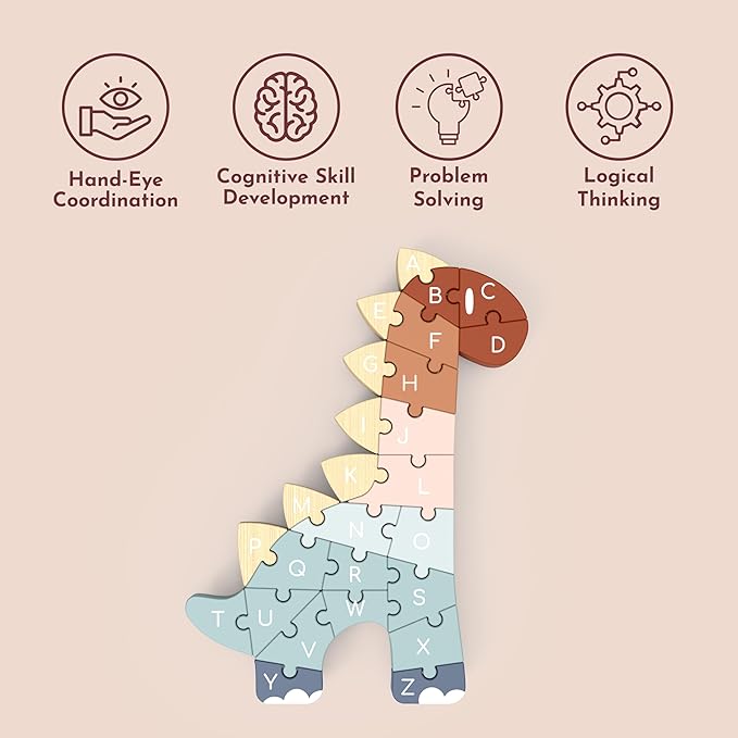 SPEEDY MONKEY ABC Dino Puzzle – Wooden Alphabet Animal Puzzle for Kids, FSC Certified Dinosaur Puzzles Activity, Colorful ABC Play – Learning Toy for Toddlers, Preschool Letter Recognition