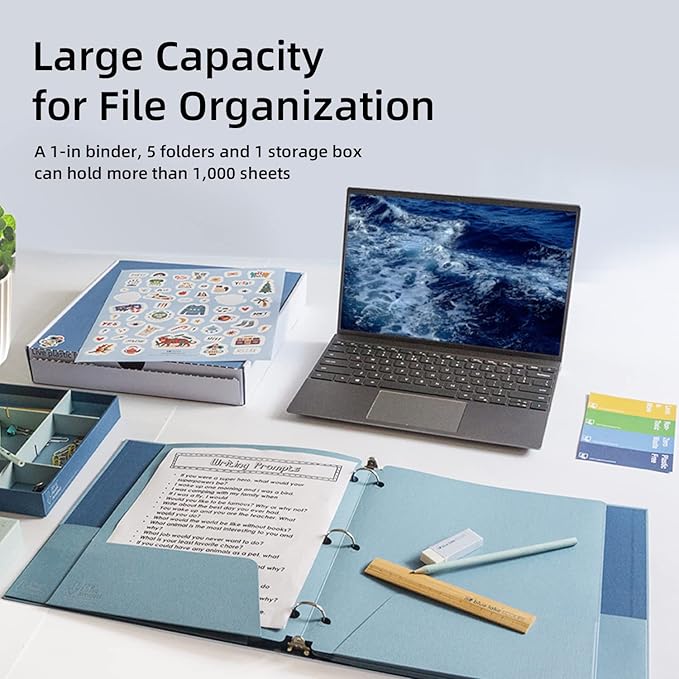 Blue Lake 3-Ring Binder School Offiice Supplies Kit Bundle Plastic Free 22 Piece Binder, Folders, Pencils, Pencil Box Organizer Tray, Gifts for K-12, College Students, and Office