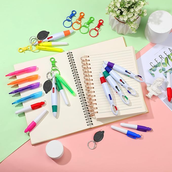 Chinco 30 Pcs Retractable Shuttle Pen Clip with Mini Highlighter Nurse Badge Pen Neon Marker LED Keychain Ring Clip