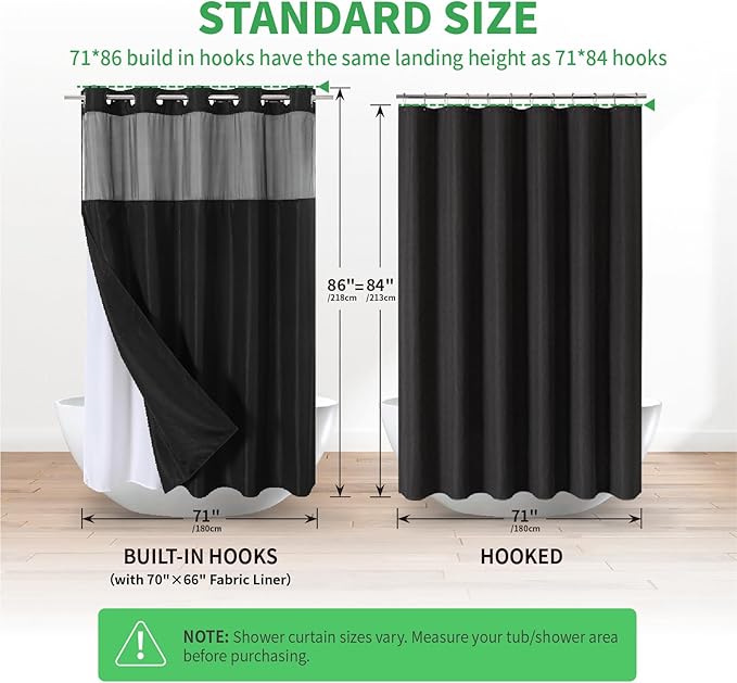 Extra Long No Hooks Needed Linen Textured Shower Curtain with Snap-in Fabric Liner Set,Black Hotel Luxury Decor Shower Curtains for Bathroom,Waterproof & Washable,71Wx86H