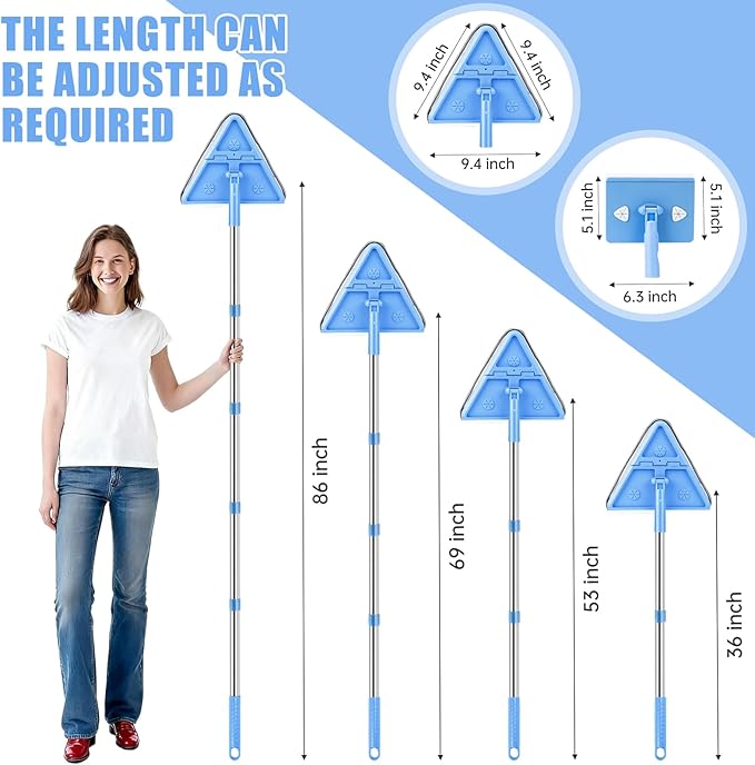 Wall Cleaner Mop with Long Handle 86 Inches, 4-in-1 Ceiling Cleaning Tool Duster with 8 Replacement Microfiber Chenille Pads for Walls, Baseboard, Ceiling, Window, Floor, Cabinet (Light Blue)