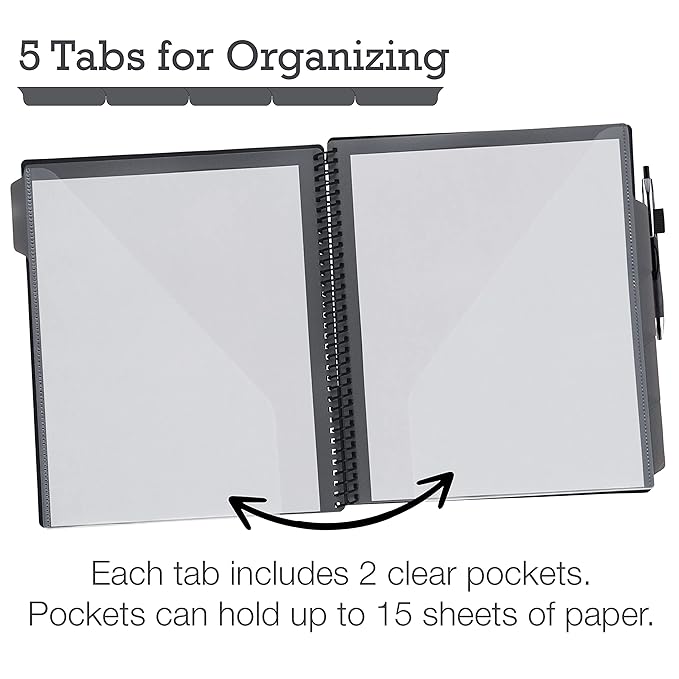 Samsill Spiral Folder Organizer - 5 Dividers & 10 Pockets with Notepad Holder, Multi Pocket Color Cordinated Folder Binder with Customizable Tabs, Document Organizer (Grey)