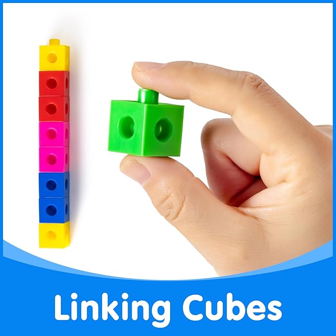 100 Pcs Math Linking Cubes with 384 Cartoon Stickers – Essential Counting Cubes for Kids Math Learning and Fun Activities