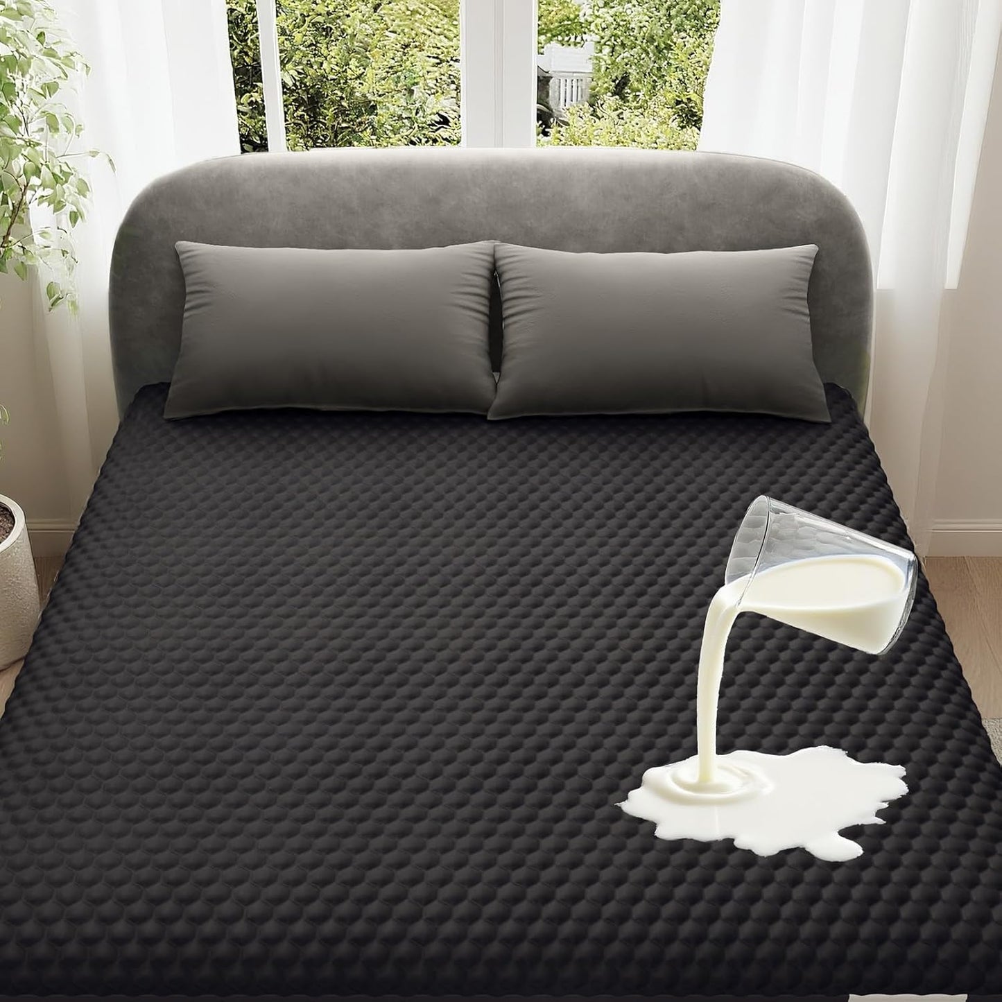 OhGeni 100% Waterproof Mattress Protector, Queen Size Mattress Pad, Fits 6"-20" Mattresses with Deep Pocket, Cooling, Breathable Fitted Sheets, Soft Bed Cover, Noiseless, Machine Washable(Black)
