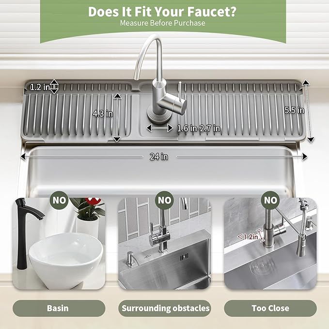 Faucet Mat for Kitchen Sink, 24 Inch Longer Silicone Sink Splash Guard, 7°Slope Fast Self-draining, Fast Drying Tidy Faucet Mat Splash Guard