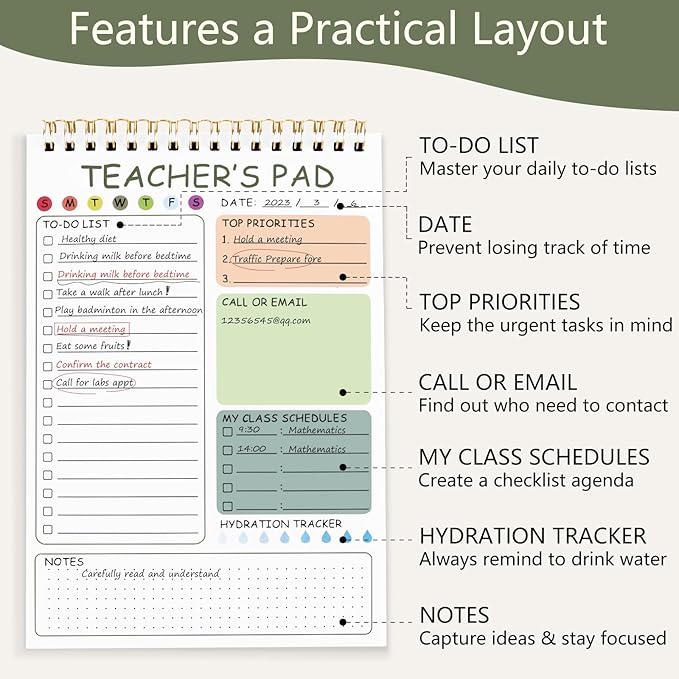 Newkita Teacher To Do List Notepad, 8.3x5.8 Inch Teacher Notepad, Spiral Checklist Notebook for Class Schedules, Daily Planner, School Tasks and Goal Setting (Green)