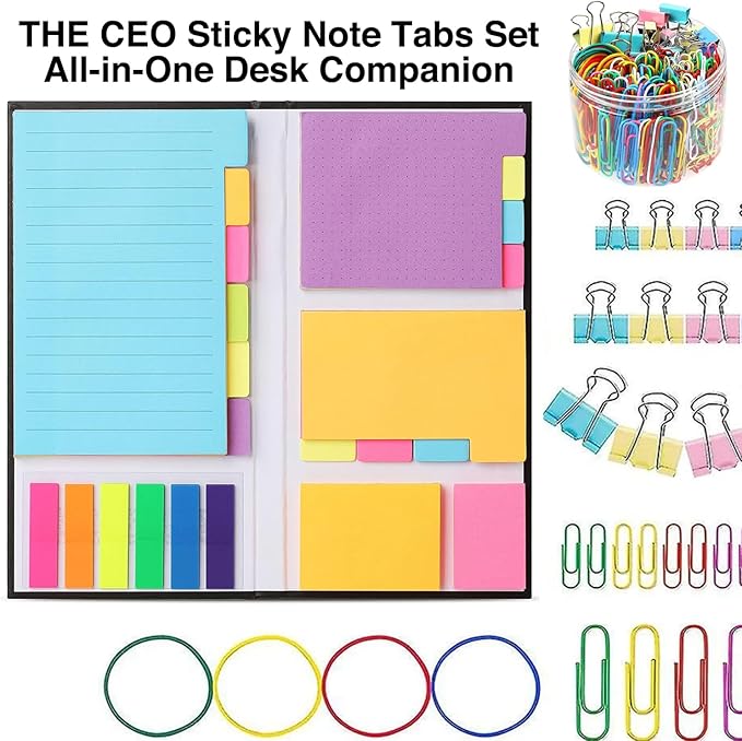 THE CEO Sticky Notes Tabs with Paper Clips- 410 Sticky Notes & Office Paper Clips for Easy Organization- Includes 240 Colorful Papers Clips for School & Desk A Fun & Functional Gift for Office Workers
