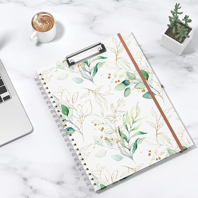 Rimilak Spiral Clipboard Folio with Refillable Lined Notepad, 14.5 x 9.8 In, Hardcover Cover with 5 Interior Pockets, Elastic Band and Pen Loop Series. Cute Stylish Clipfolio, Bohe Leaves
