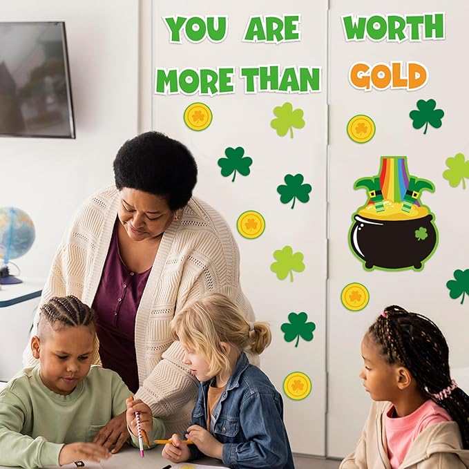 JarThenaAMCS 72Pcs St. Patrick's Day Bulletin Board Decor Set Shamrock Clover Gold Coin Cut-Outs with Glue Points Bulletin Board Stickers for Irish Holiday School Classroom Wall Decor
