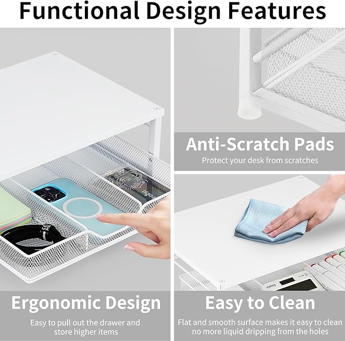 Small Laptop Stand for Desk, Monitor Stand Riser, Office Desk Accessories, Computer Desktop Stand with Drawer for Home, Office, School (White)