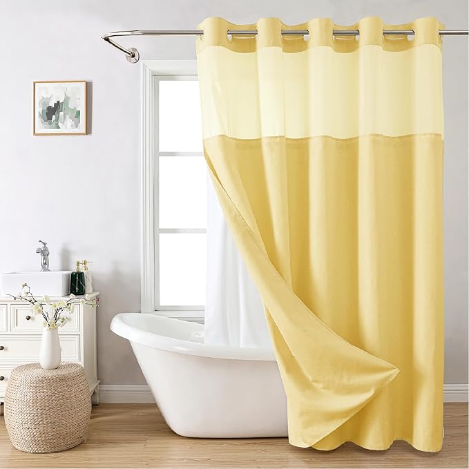 Extra Long No Hooks Needed Linen Textured Shower Curtain with Snap-in Fabric Liner Set,White Hotel Luxury Decor Shower Curtains for Bathroom,Waterproof & Washable,71Wx86H,Gold