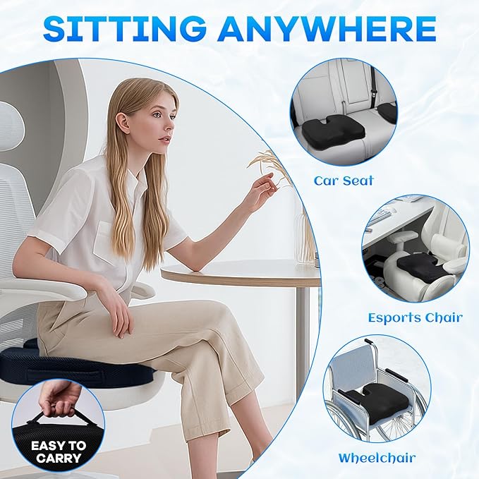 Gel Seat Cushion & Lumbar Support Pillow Set, Cooling Memory Foam for Tailbone & Sciatica Pain Relief, Ergonomic Office Chair Cushion with Breathable Mesh Cover for Car, Home, Wheelchair (Black)