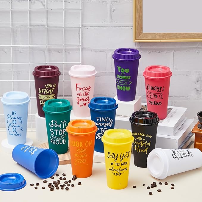 72 Pcs Inspirational Gifts for Employee Coworkers Staff Teammate, 16oz Reusable Plastic Coffee Cups with Positive Sayings, Bundle Gifts for Woman Man Coworker (Bright Color,Inspirational)