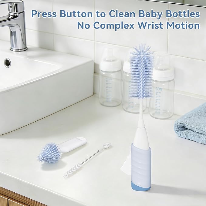 Bottle Brush Set, Innovative Efficient Press-to-Spin Brush Cleaner - Includes Silicone Baby Bottle Brush, Nipple Brush, Straw Cleaner - Spinning Generates Rich Foam for Deep Cleaning, Blue