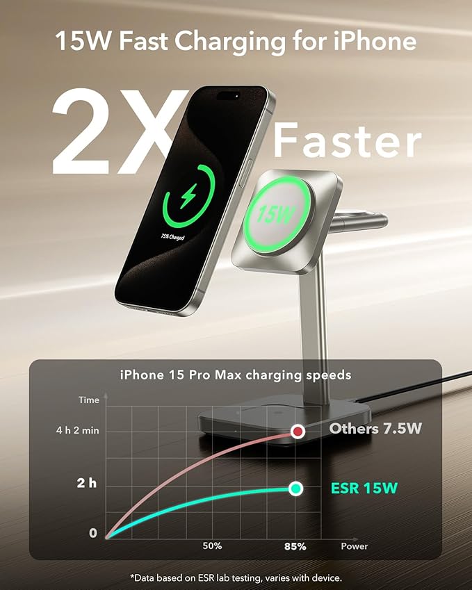 ESR for 3 in 1 Wireless Charging Station, Certified Apple Watch Charger, 15W MagSafe Charger Stand, Wireless Charger for Multiple Devices iPhone 17/16/15/14/13, Watch, AirPods, Natural Titanium