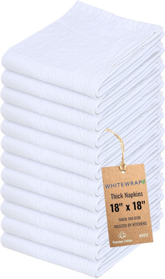 WHITEWRAP Flour Sack Towels 100% Cotton Dish Towel Reusable Baking Cloth for Bread Dough, Baguettes, Ciabatta, Machine Washable, Kitchen Towels for Cleaning – Set of 12 (18"x18") - White