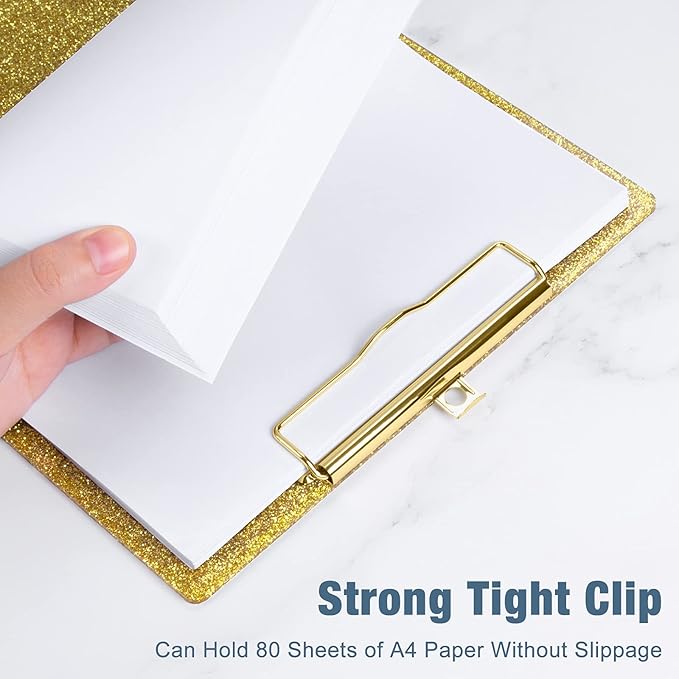 Piasoenc Acrylic Clipboards, Fashion Glitter Clip Board with Low Profile Gold Clip, Designed for Classroom School and Office Use, A4 Letter Size 9 x 12.5 in,Gold