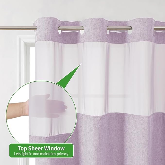 No Hooks Needed Linen Textured Shower Curtain with Snap-in Fabric Liner Set,Hotel Luxury Decor Shower Curtains for Bathroom with Mesh Top Window,Waterproof & Washable,71Wx74H,Lavender