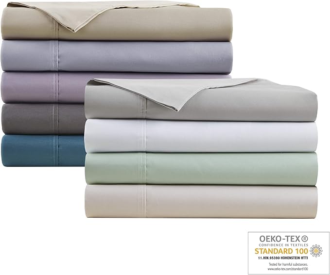 Madison Park 600 TC Cooling Cotton Blend Solid Sheet 16 Inch Deep Pocket, All Season, Soft Bedding-Set, Matching Pillow Case, King, Seafoam 4 Piece.