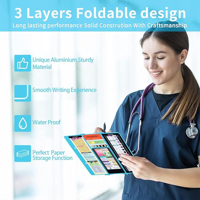 Nursing Clipboard Foldable Clipboard Pocket Size:Nursing Edition Cheat Sheets Aluminum 3 Layers Foldable Clipboard Nursing Nurse Clipboard Foldable fits in Nurses Doctors (Blue)