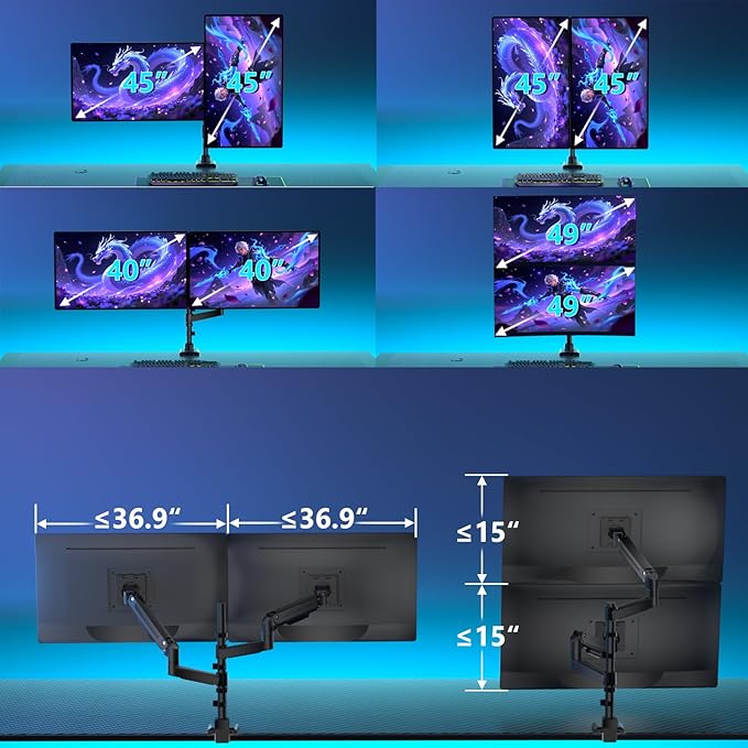 WALI Dual Monitor Mount for Ultrawide Heavy Duty Curved Monitor Stacking, Dual Monitor Arm Fits 13-49 Inch for Ultrawide Screens up to 44lbs, 49 inch Monitor Arm, Black