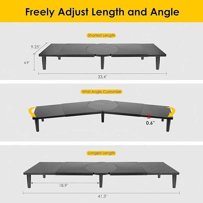 Dual-Monitor Stand for Desk - Large Adjustable Length and Angle Riser for 2 Monitors, Double Computer Desktop Organizer, Shelf for TV, Laptop, Printer