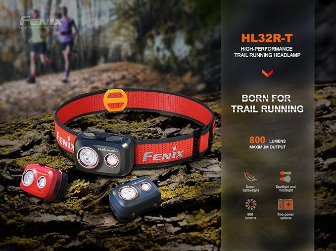 Fenix HL32R-T Trail Running Headlamp, 800 Lumen USB-C Rechargeable Lightweight Bright with Spotlight and FloodLight Dual Beam and a Cable Organizer (Black)