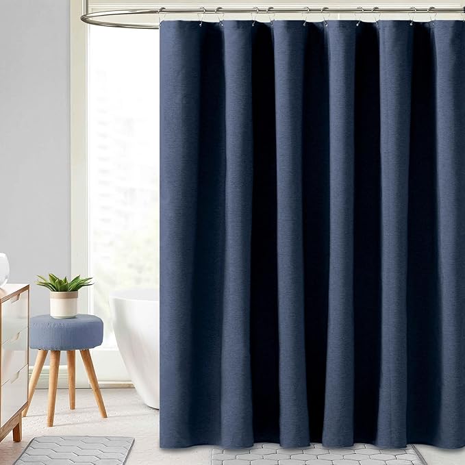 BTTN Extra Wide Shower Curtain - 108x72 Inch Linen Textured Waterproof Fabric Shower Curtain Set with 18 Plastic Hooks, Large Modern Neutral Decorative Shower Curtains for Bathroom and Bathtub - Navy