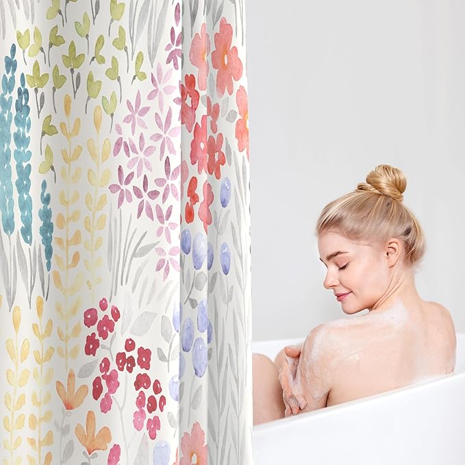 Extra Long Shower Curtain 72 x 96 Inch, Floor to Ceiling X-Long Tall Cute Floral Shower Curtain for Bathroom, Colorful Wildflower Boho Cottagecore Fabric Shower Curtain Set with Hooks, Ivory