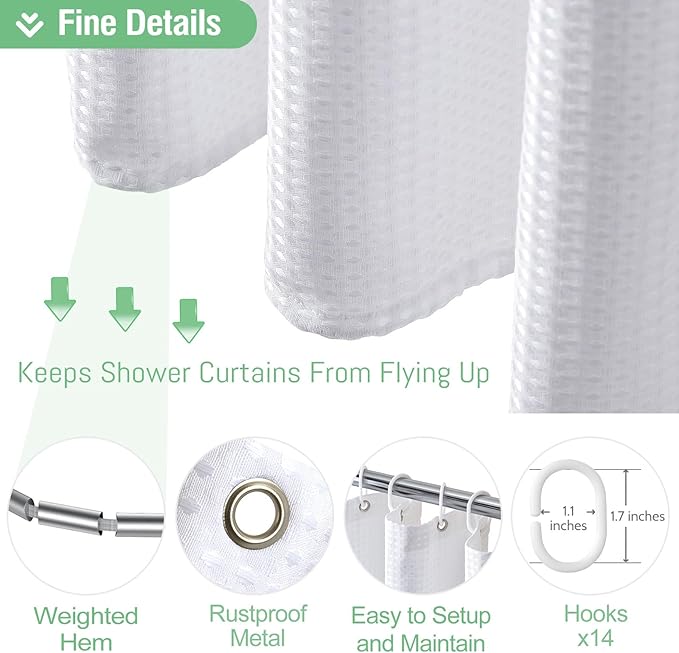 Dynamene Extra Wide Shower Curtain - 84 Inch Wide Waffle Weave Weighted Thick Cloth Bathroom Shower Curtain, Neutral Heavy Duty Hotel Bath Curtain Set with 14 Plastic Hooks, 84x72, White