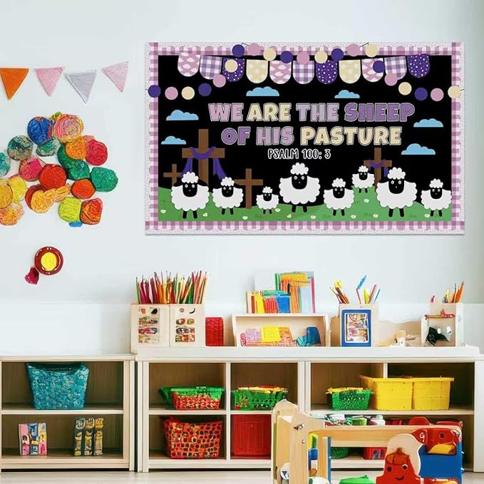 Easter Bulletin Board Decorations Christian Religious Classroom Bulletin Board Set Christian Sheep Cross We are The Sheep of His Pasture Cutouts for Spring School Sunday Home Church Wall Door