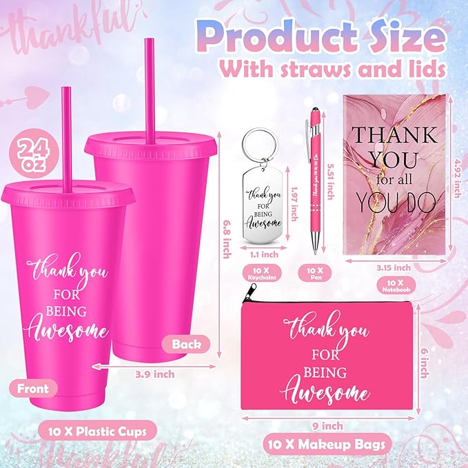 50 Pcs Employee Appreciation Gift for Women 24 oz Thank You Plastic Tumbler with Inspirational Notepads Ballpoint Pens Makeup Bag Keychain Professional Gifts for Coworker Holiday