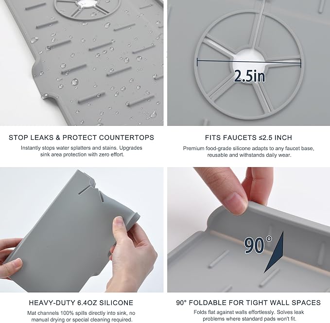 Kitchen Faucet Sink Splash Guard, Silicone Faucet Water Catcher Mat – Sink Draining Pad Behind Faucet, Grey Rubber Drying Mat for Kitchen