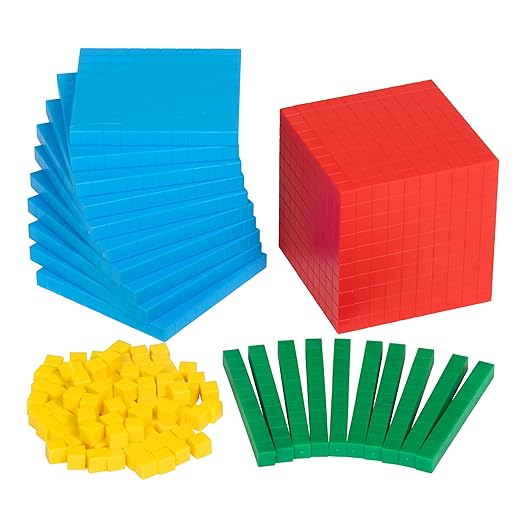 edxeducation Four Color Plastic Base Ten Blocks - 121 Pieces - Hands-on Math Manipulative for Kids - Teach Number Concepts, Place Value and Measurement - Math Learning Tools for Kids