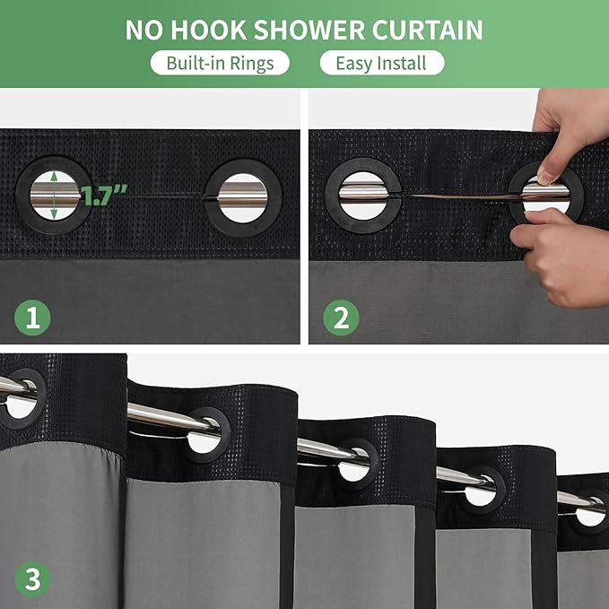 Extra Long No Hook Shower Curtain with Snap-in Fabric Liner Set,Black Waffle Weave Shower Curtains for Bathroom,Hotel Luxury Decor Bathroom Curtain Set,Waterproof & Washable,71Wx86H
