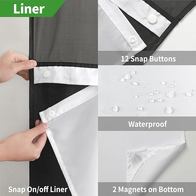 No Hooks Needed Linen Textured Shower Curtain with Snap-in Fabric Liner Set,Black Hotel Luxury Decor Shower Curtains for Bathroom with Mesh Top Window,Waterproof & Washable,71Wx74H