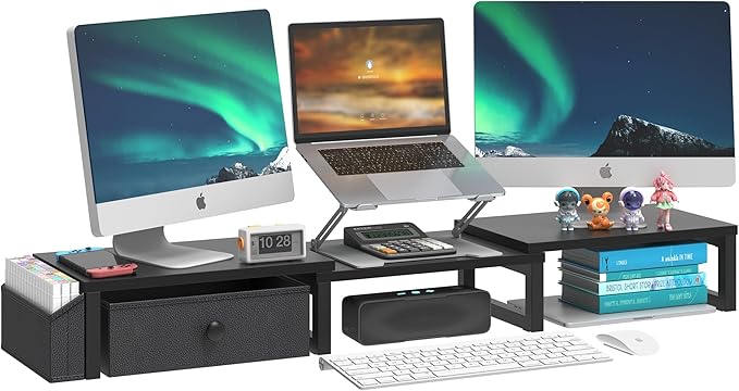 LAND·VOI Dual Monitor Stand with Drawer and Side Pockets, Monitor Riser for Desk, Home Office Desk Storage, Multi-Scenario Adaptation for Work and Entertainment, Black, HMS02BK