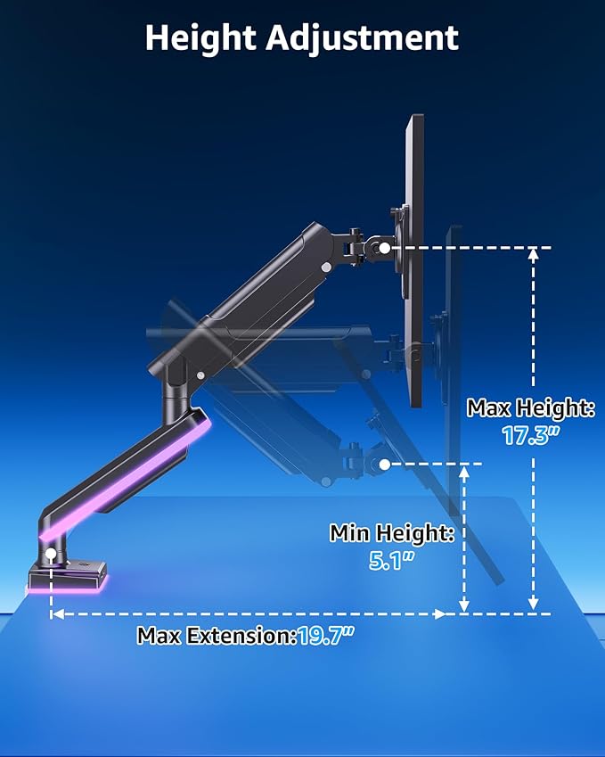MOUNTUP RGB Single Monitor Arm Fits 32 27 24 22 inch, Holds 4.4-22lbs Screens, Monitor Stand for Desk with RGB Lights, 19 Modes, Computer Monitors Desk Mount, VESA Mount with Clamp & Grommet Bases