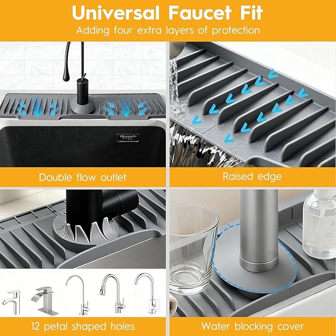 16" Silicone Faucet Mat for Kitchen Sink Released in 2025/12TH,8° Slope Fast Self-draining-Kitchen Sink Splash Guard,Bathroom Kitchen Sink Area Water Splash Guard Behind Faucet Draining Dark Grey