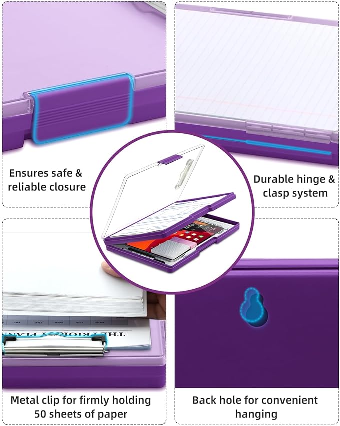 Clearview Clipboard with 2 Storage, Dry Erase 8.5x11 Heavy Duty ClipBoards - High Capacity Coaches Clip Board with Pen Holder - Side Opening Plastic Nursing Clip Case (Dark Purple)