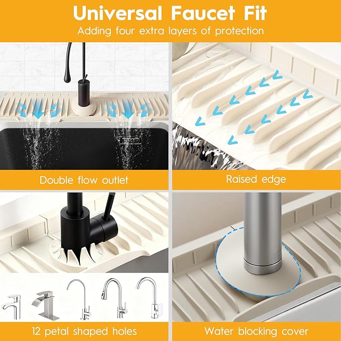 16" Silicone Faucet Mat for Kitchen Sink Released in 2025/12TH,8° Slope Fast Self-draining-Kitchen Sink Splash Guard,Bathroom Kitchen Sink Area Water Splash Guard Behind Faucet Draining Mat Beige
