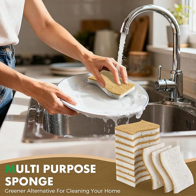 COBETE 12 Pack Natural Biodegradable Kitchen Non Scratch Sponges,Compostable Plant Based Coconut Cellulose Sponge,Eco Friendly Reusable Dish Scrubber Sponge for Pots, Pans & Household Cleaning