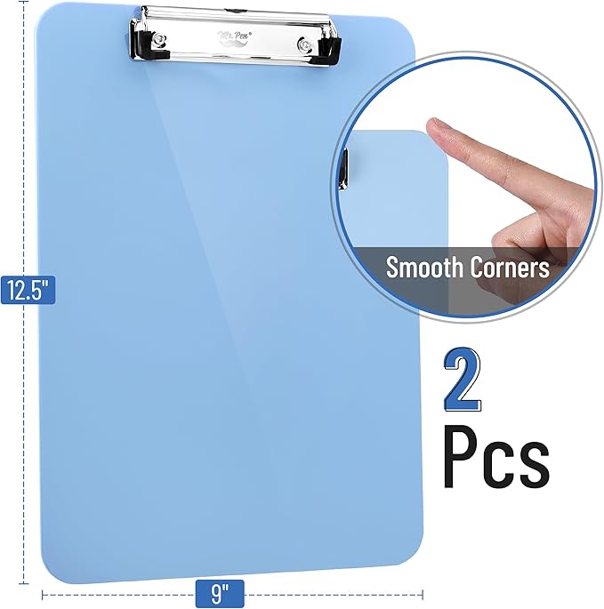Mr. Pen- Plastic Clipboard, 12.5" x 9", 2 Pack, Clipboard Plastic, Low-Profile Metal Clip with Retractable Hanging Hole